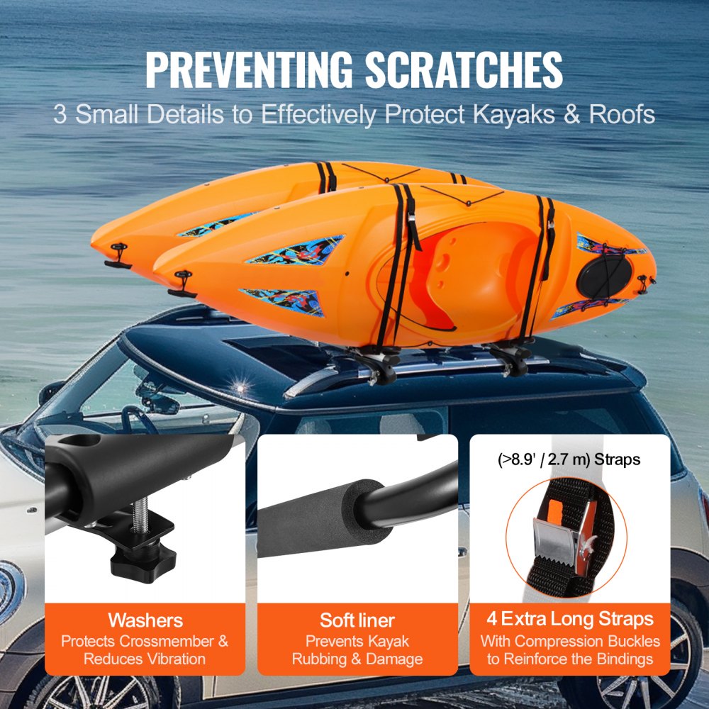 Kayak Roof Rack 2 Pairs J-Bar, Soft Roof Rack Quick Folding, Top Mount Tie Down, Carrier for kayak, Surf Board, Canoe, SUP, Ski Board, Mount on Car, SUV, Truck, 2 Kayaks