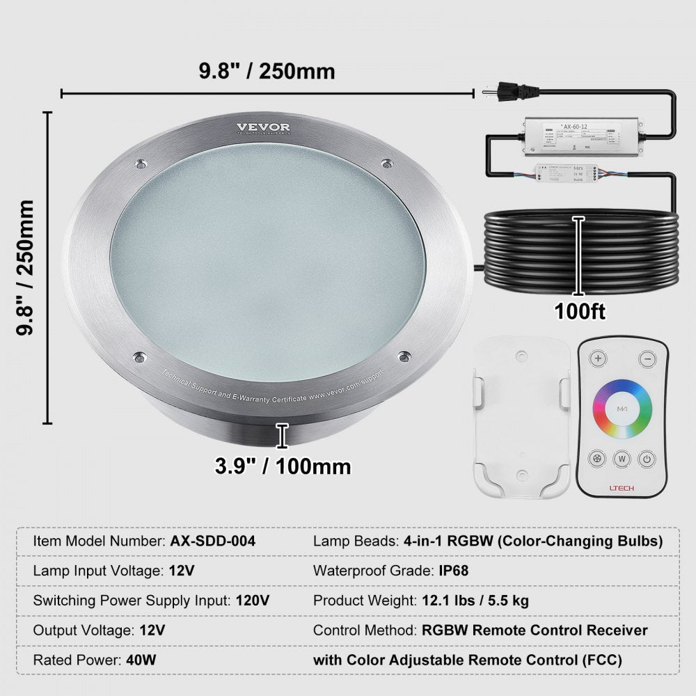 120V AC LED Pool Light, 10in 40W, RGBW Color Changing Inground Swimming Pool Spa Light Underwater, with 100 FT Cord Remote Control, Fit for 10 in Large Wet Niches, IP68 & Tested to UL Standards