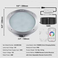 120V AC LED Pool Light, 10in 40W, RGBW Color Changing Inground Swimming Pool Spa Light Underwater, with 100 FT Cord Remote Control, Fit for 10 in Large Wet Niches, IP68 & Tested to UL Standards