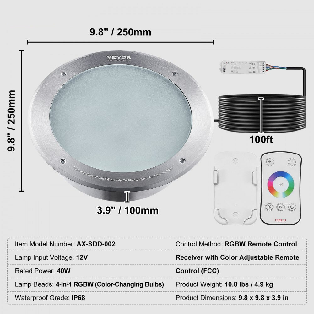 12V LED Pool Light, 10 Inch 40W, RGBW Color Changing Inground Swimming Pool Spa Light Underwater, with 100 FT Cord Remote Control, Fit for 10 in Large Wet Niches, IP68 & Tested to UL Standards