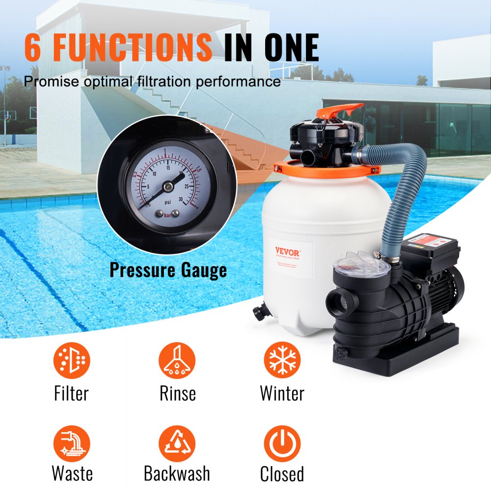 Sand Filter Pump for Above Ground Pools, 12-inch, 3000 GPH, 1/2 HP Swimming Pool Pumps System & Filters Combo Set with 6-Way Multi-Port Valve & Strainer Basket