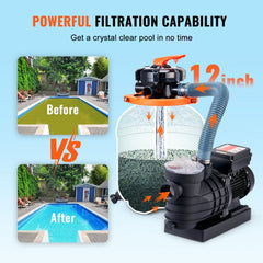 Sand Filter Pump for Above Ground Pools, 12-inch, 3000 GPH, 1/2 HP Swimming Pool Pumps System & Filters Combo Set with 6-Way Multi-Port Valve & Strainer Basket