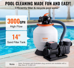Sand Filter Pump for Above Ground Pools, 14-inch, 3000 GPH, 3/4 HP Swimming Pool Pumps System & Filters Combo Set with 6-Way Multi-Port Valve & Strainer Basket