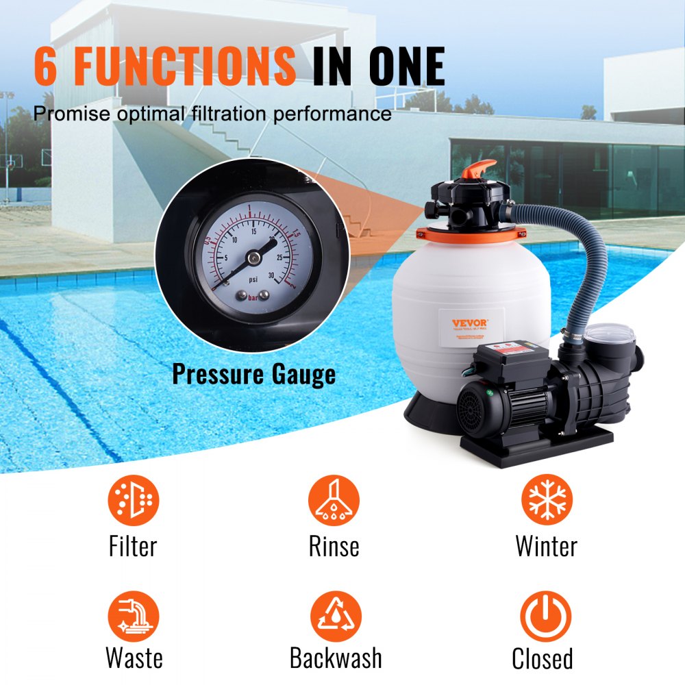 Sand Filter Pump for Above Ground Pools, 14-inch, 3000 GPH, 3/4 HP Swimming Pool Pumps System & Filters Combo Set with 6-Way Multi-Port Valve & Strainer Basket