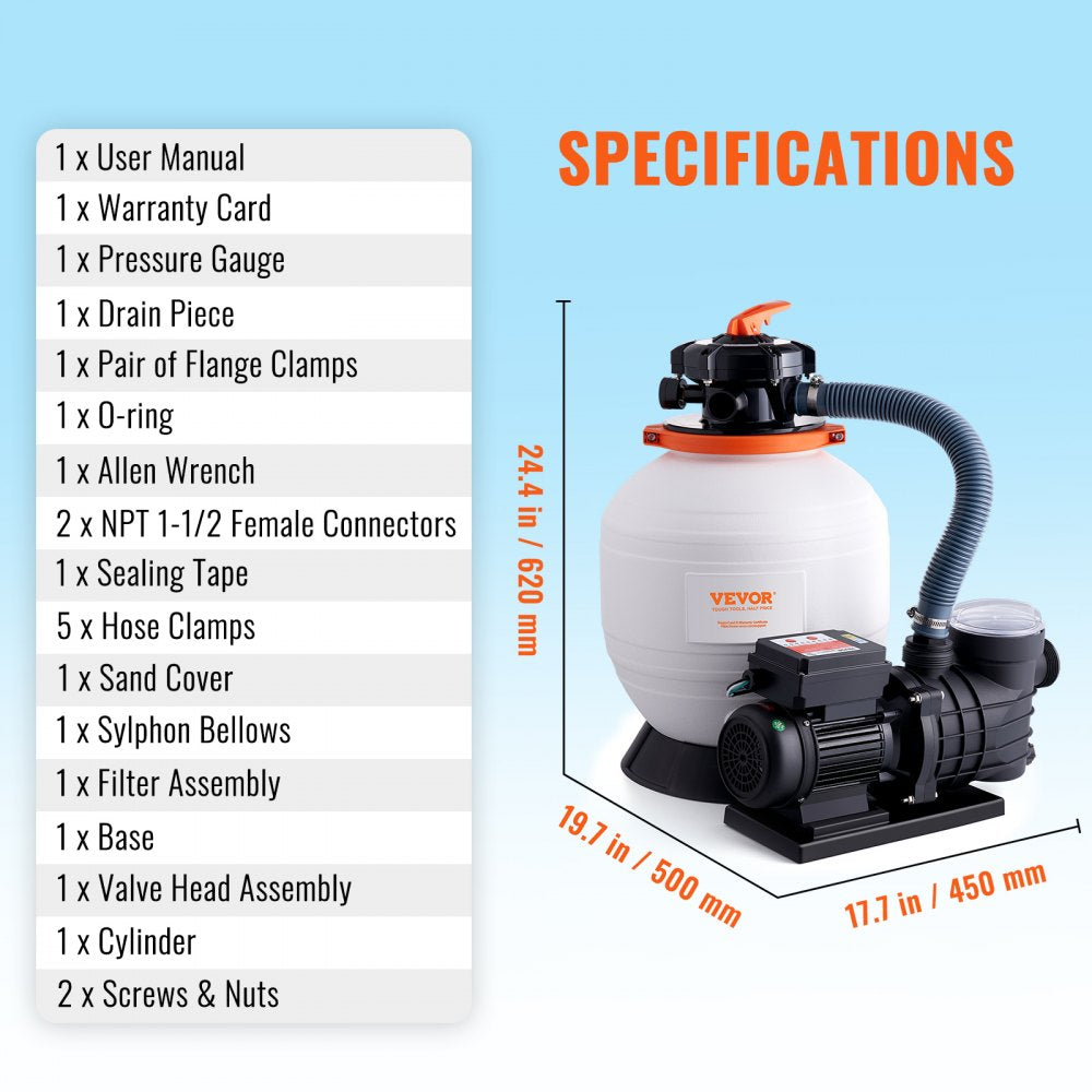 Sand Filter Pump for Above Ground Pools, 14-inch, 3000 GPH, 3/4 HP Swimming Pool Pumps System & Filters Combo Set with 6-Way Multi-Port Valve & Strainer Basket