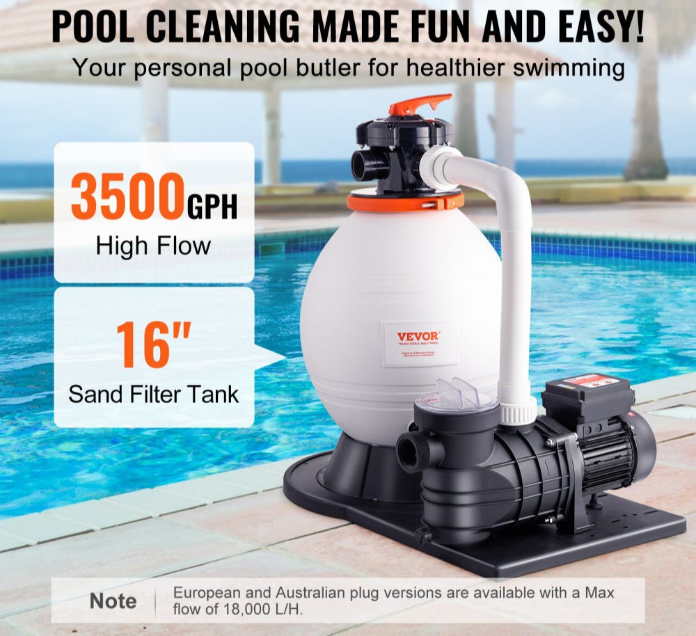 Sand Filter Pump for Above Ground Pools, 16-inch, 3500 GPH, 1 HP Swimming Pool Pumps System & Filters Combo Set with 6-Way Multi-Port Valve and Strainer Basket