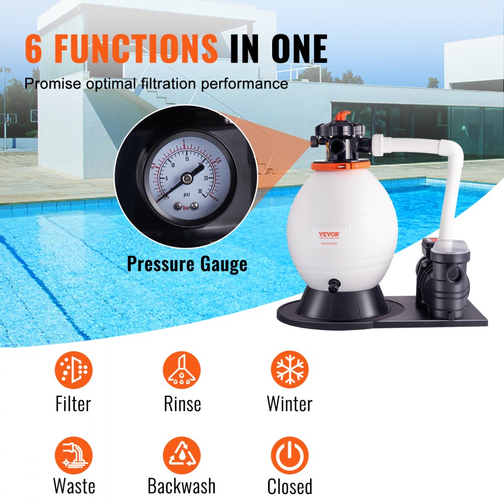 Sand Filter Pump for Above Ground Pools, 16-inch, 3500 GPH, 1 HP Swimming Pool Pumps System & Filters Combo Set with 6-Way Multi-Port Valve and Strainer Basket