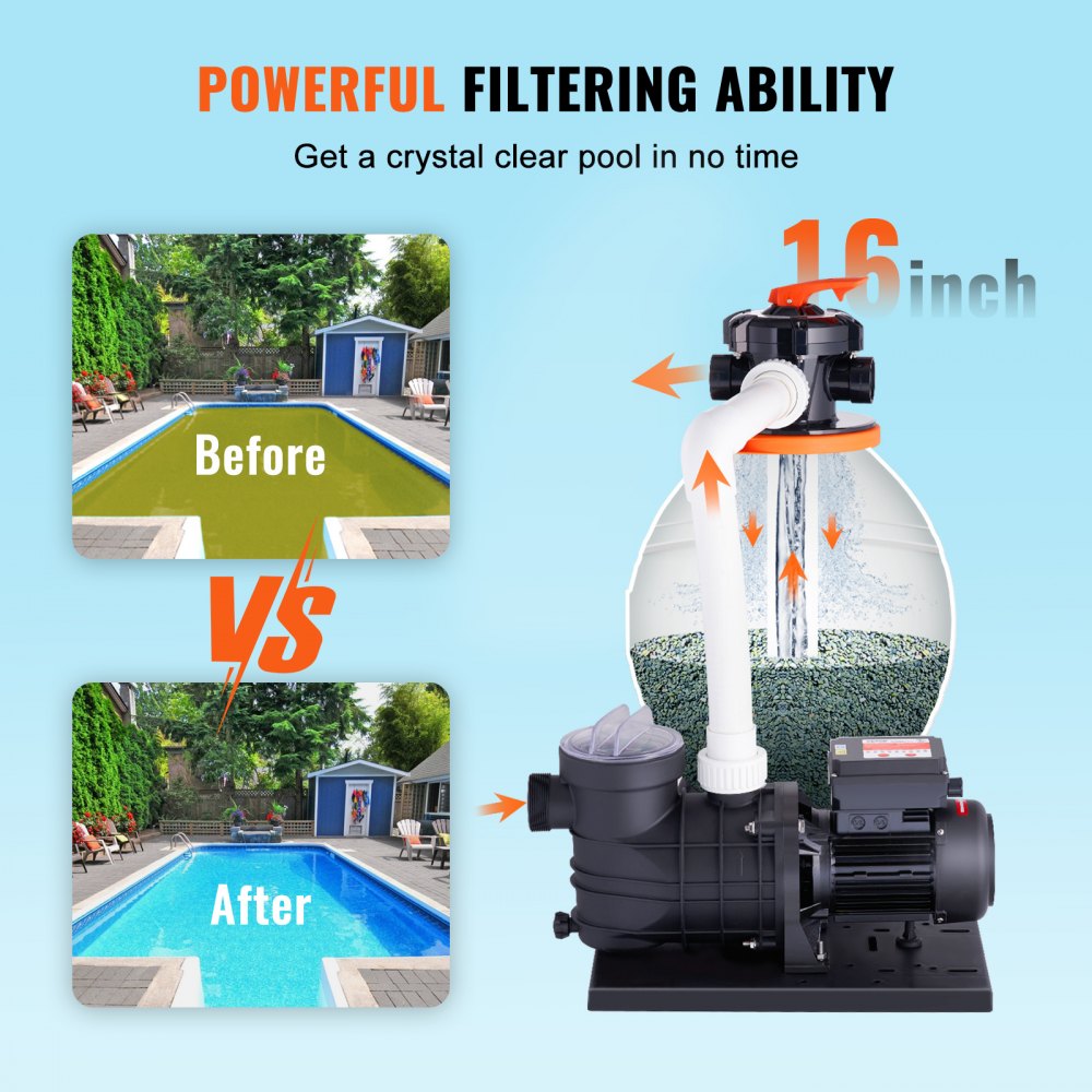 Sand Filter Pump for Above Ground Pools, 16-inch, 3500 GPH, 1 HP Swimming Pool Pumps System & Filters Combo Set with 6-Way Multi-Port Valve and Strainer Basket