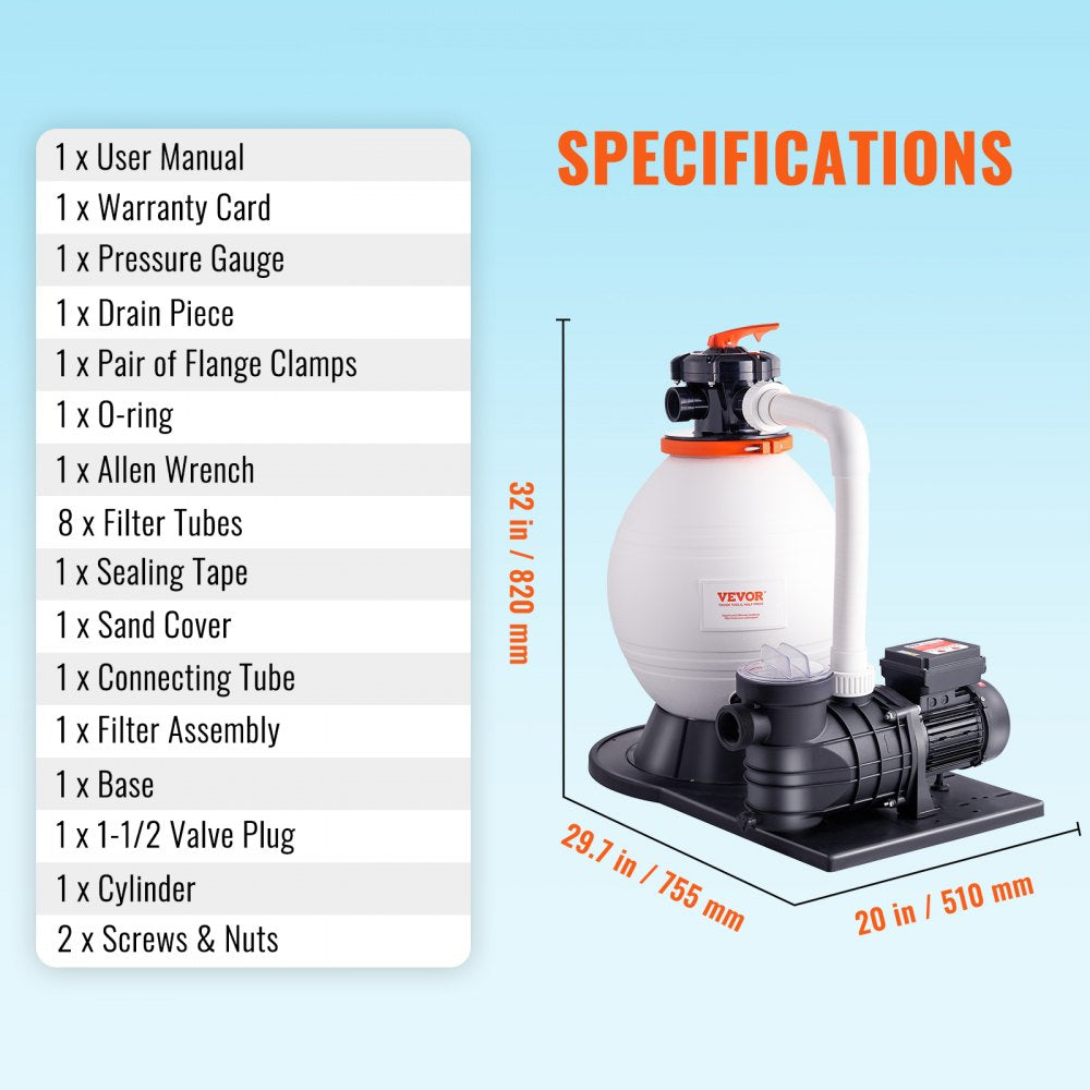 Sand Filter Pump for Above Ground Pools, 16-inch, 3500 GPH, 1 HP Swimming Pool Pumps System & Filters Combo Set with 6-Way Multi-Port Valve and Strainer Basket