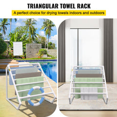 Pool Towel Rack, 8 Bar, White, Freestanding Outdoor PVC Triangular Poolside Storage Organizer, Include 8 Towel Clips, Mesh Bag, Hook, Also Stores Floats and Paddles