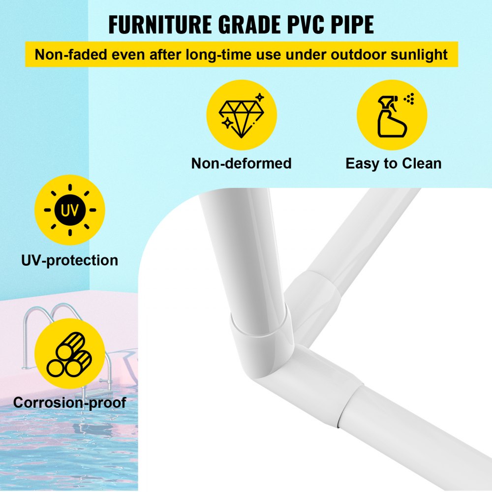 Pool Towel Rack, 8 Bar, White, Freestanding Outdoor PVC Triangular Poolside Storage Organizer, Include 8 Towel Clips, Mesh Bag, Hook, Also Stores Floats and Paddles