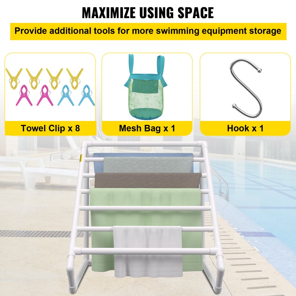 Pool Towel Rack, 8 Bar, White, Freestanding Outdoor PVC Triangular Poolside Storage Organizer, Include 8 Towel Clips, Mesh Bag, Hook, Also Stores Floats and Paddles
