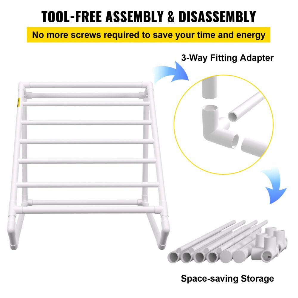 Pool Towel Rack, 8 Bar, White, Freestanding Outdoor PVC Triangular Poolside Storage Organizer, Include 8 Towel Clips, Mesh Bag, Hook, Also Stores Floats and Paddles