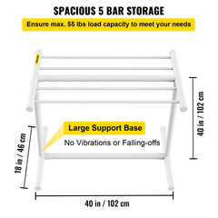 Pool Towel Rack, 5 Bar, White, Freestanding Outdoor PVC T-Shape Poolside Storage Organizer, Include 8 Towel Clips, Mesh Bag, Hook, Also Stores Floats and Paddles, for Beach, Swimming Pool, Home