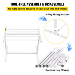 Pool Towel Rack, 5 Bar, White, Freestanding Outdoor PVC T-Shape Poolside Storage Organizer, Include 8 Towel Clips, Mesh Bag, Hook, Also Stores Floats and Paddles, for Beach, Swimming Pool, Home