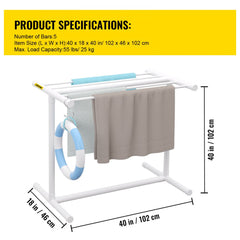 Pool Towel Rack, 5 Bar, White, Freestanding Outdoor PVC T-Shape Poolside Storage Organizer, Include 8 Towel Clips, Mesh Bag, Hook, Also Stores Floats and Paddles, for Beach, Swimming Pool, Home