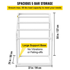 Pool Towel Rack, 5 Bar, White, Freestanding Outdoor PVC Trapedozal Poolside Storage Organizer, Include 8 Towel Clips, Mesh Bag, Hook, Also Stores Floats and Paddles, for Beach, Swimming Pool