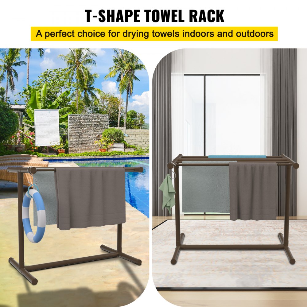 Pool Towel Rack, 5 Bar, Brown, Freestanding Outdoor PVC T-Shape Poolside Storage Organizer, Include 8 Towel Clips, Mesh Bag, Hook, Also Stores Floats and Paddles, for Beach, Swimming Pool, Home