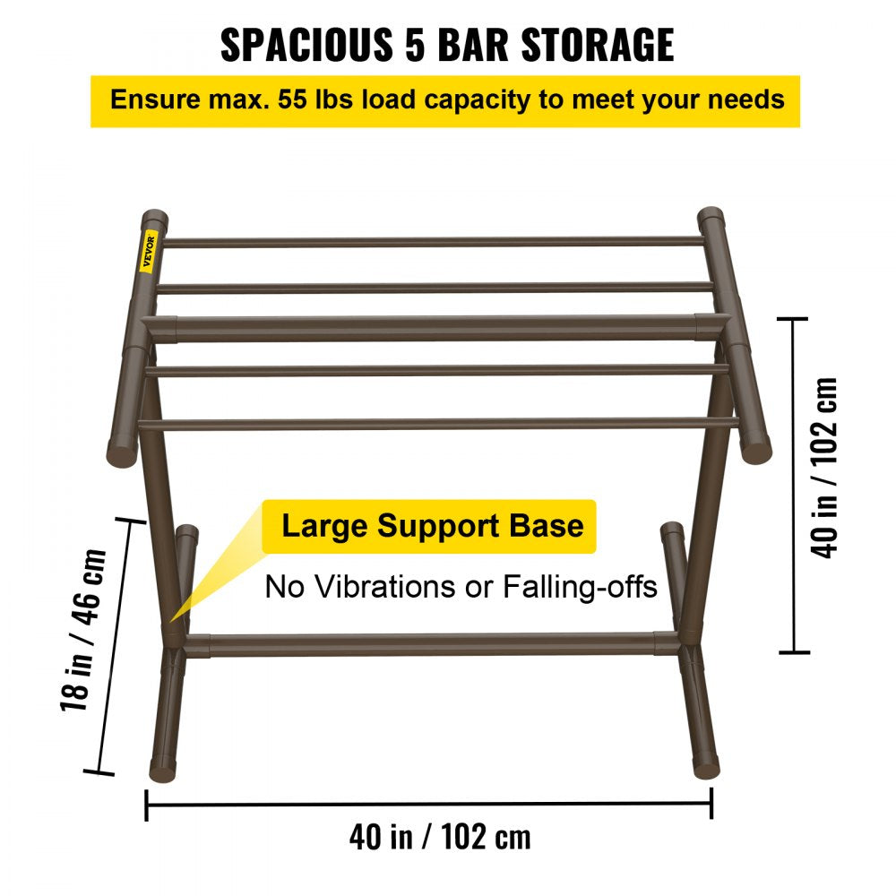 Pool Towel Rack, 5 Bar, Brown, Freestanding Outdoor PVC T-Shape Poolside Storage Organizer, Include 8 Towel Clips, Mesh Bag, Hook, Also Stores Floats and Paddles, for Beach, Swimming Pool, Home