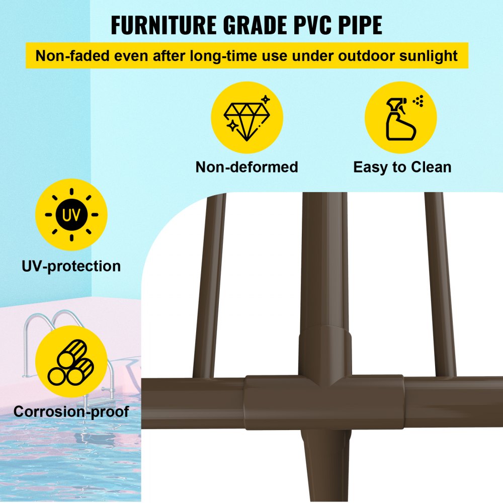 Pool Towel Rack, 5 Bar, Brown, Freestanding Outdoor PVC T-Shape Poolside Storage Organizer, Include 8 Towel Clips, Mesh Bag, Hook, Also Stores Floats and Paddles, for Beach, Swimming Pool, Home