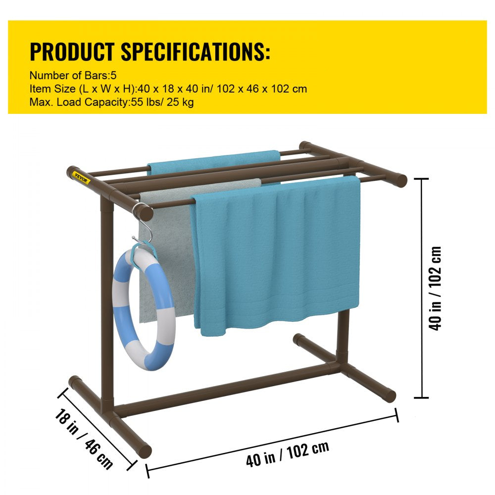 Pool Towel Rack, 5 Bar, Brown, Freestanding Outdoor PVC T-Shape Poolside Storage Organizer, Include 8 Towel Clips, Mesh Bag, Hook, Also Stores Floats and Paddles, for Beach, Swimming Pool, Home