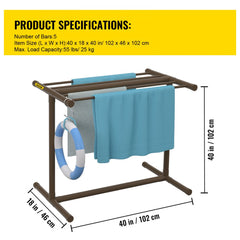 Pool Towel Rack, 5 Bar, Brown, Freestanding Outdoor PVC T-Shape Poolside Storage Organizer, Include 8 Towel Clips, Mesh Bag, Hook, Also Stores Floats and Paddles, for Beach, Swimming Pool, Home