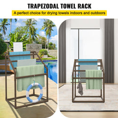 Pool Towel Rack, 5 Bar, Brown, Freestanding Outdoor PVC Trapedozal Poolside Storage Organizer, Include 8 Towel Clips, Mesh Bag, Hook, Also Stores Floats and Paddles, for Beach, Swimming Pool
