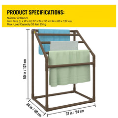 Pool Towel Rack, 5 Bar, Brown, Freestanding Outdoor PVC Trapedozal Poolside Storage Organizer, Include 8 Towel Clips, Mesh Bag, Hook, Also Stores Floats and Paddles, for Beach, Swimming Pool