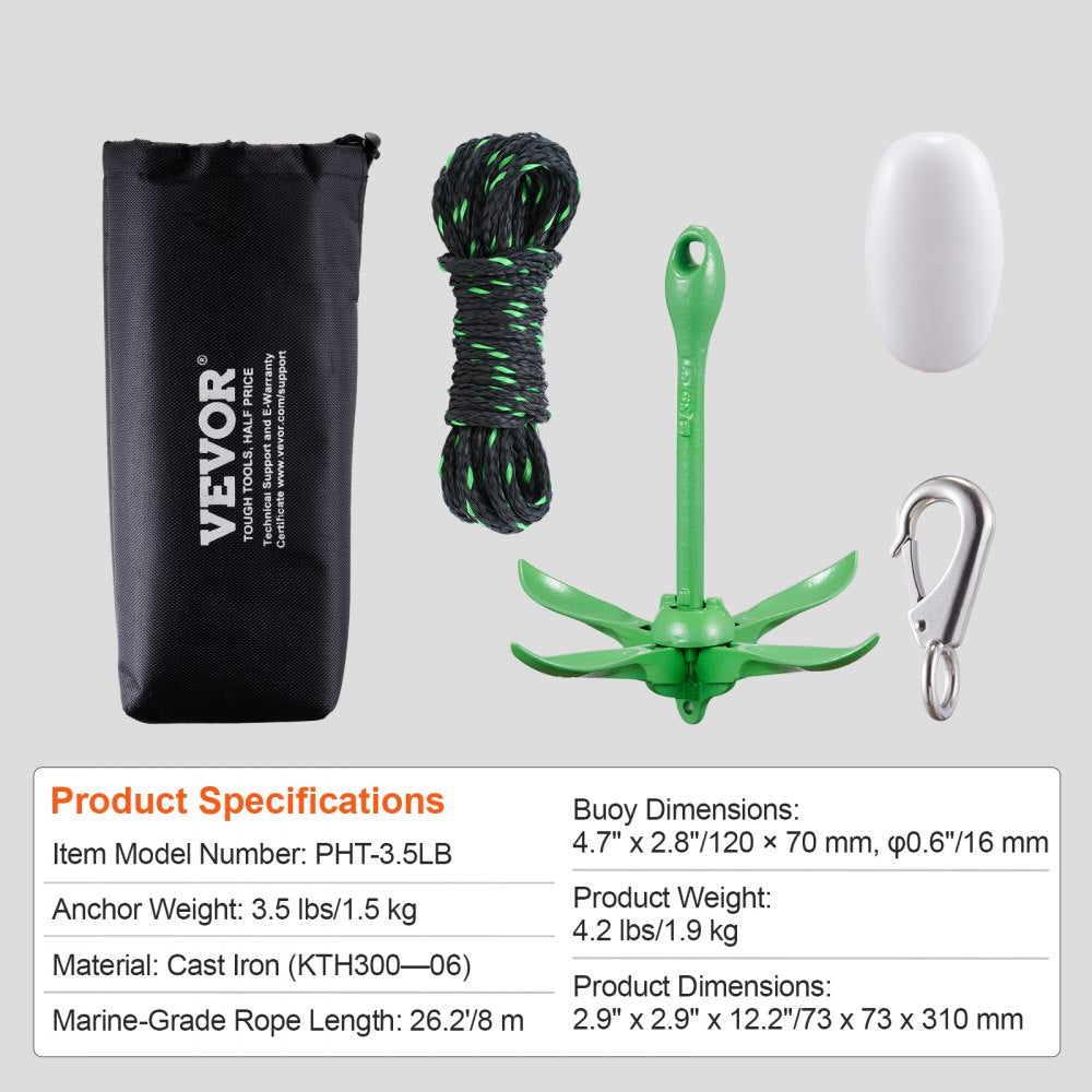 Kayak Anchor Kit, 3.5 lb Paddle Board Anchor Kit with 26.2 ft/8 m Rope and Buoy, Folding Small Boat Anchor with Storage Bag and Snap Hook, Kayak Accessories for Kayaks, Small Boats, Canoes