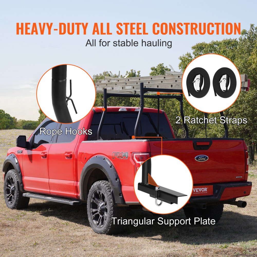 Truck Rack, 46-71inch Extendable Truck Ladder Rack, 800 lbs Capacity Steel Ladder Rack for Truck with Non-Drilling J-bolts, Heavy Duty Truck Bed Rack for Kayak, Surfboard, Lumber, Ladder