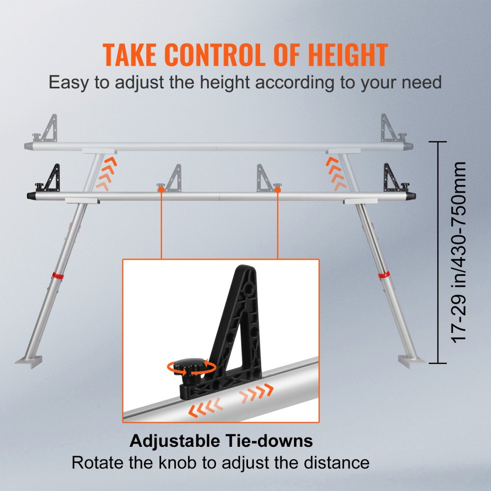 Truck Rack, 800 lbs Capacity, 17-29in Adjustable Height, Aluminum Ladder Rack for Truck with 8 Non-Drilling C-clamps, Heavy Duty Truck Bed Rack Two-Bar Set for Kayak, Surfboard, Lumber, Ladder