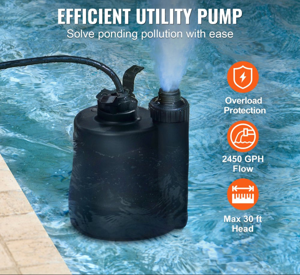 Utility Pump, 1/3 HP, 2450 GPH High Flow, 30 ft Head, Sump Pump Submersible Water Pump Portable Utility Pump with 10 ft Long Power Cord for Draining Water from Swimming Pool Garden Pond Basement