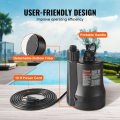 Utility Pump, 1/3 HP, 2450 GPH High Flow, 30 ft Head, Sump Pump Submersible Water Pump Portable Utility Pump with 10 ft Long Power Cord for Draining Water from Swimming Pool Garden Pond Basement