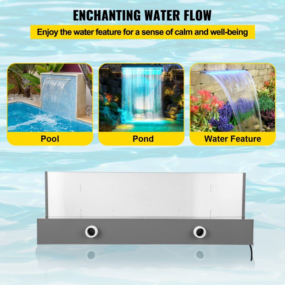 Fountain Spillway 23.6x3.2x8.1 Inch, Pool Waterfall Fountain 17 Colors Led, Pool Water Fall Kit with Remote, Pool Spillway Solid Acrylic Pool Waterfall for Garden Pond, Swimming Pool, Square