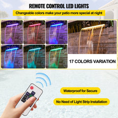 Fountain Spillway 23.6x3.2x8.1 Inch, Pool Waterfall Fountain 17 Colors Led, Pool Water Fall Kit with Remote, Pool Spillway Solid Acrylic Pool Waterfall for Garden Pond, Swimming Pool, Square