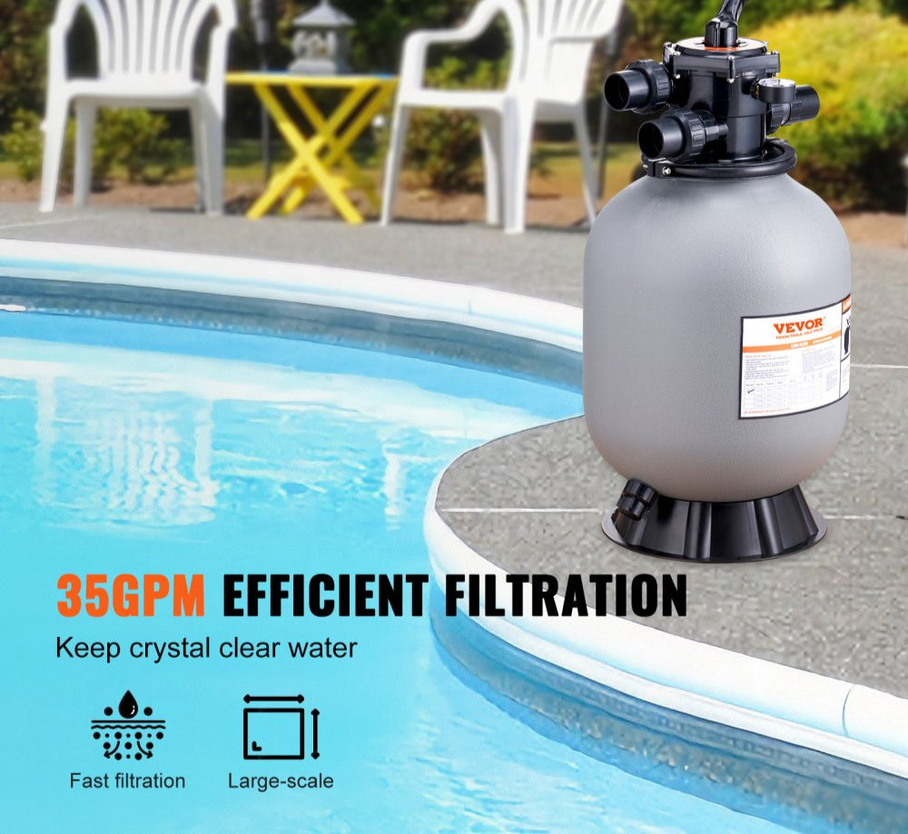 Sand Filter, 16-inch, Up to 35 GPM Flow Rate, Above Inground Swimming Pool Sand Filter System with 7-Way Multi-Port Valve, Filter, Backwash, Rinse, Recirculate, Waste, Winter, Closed Functions