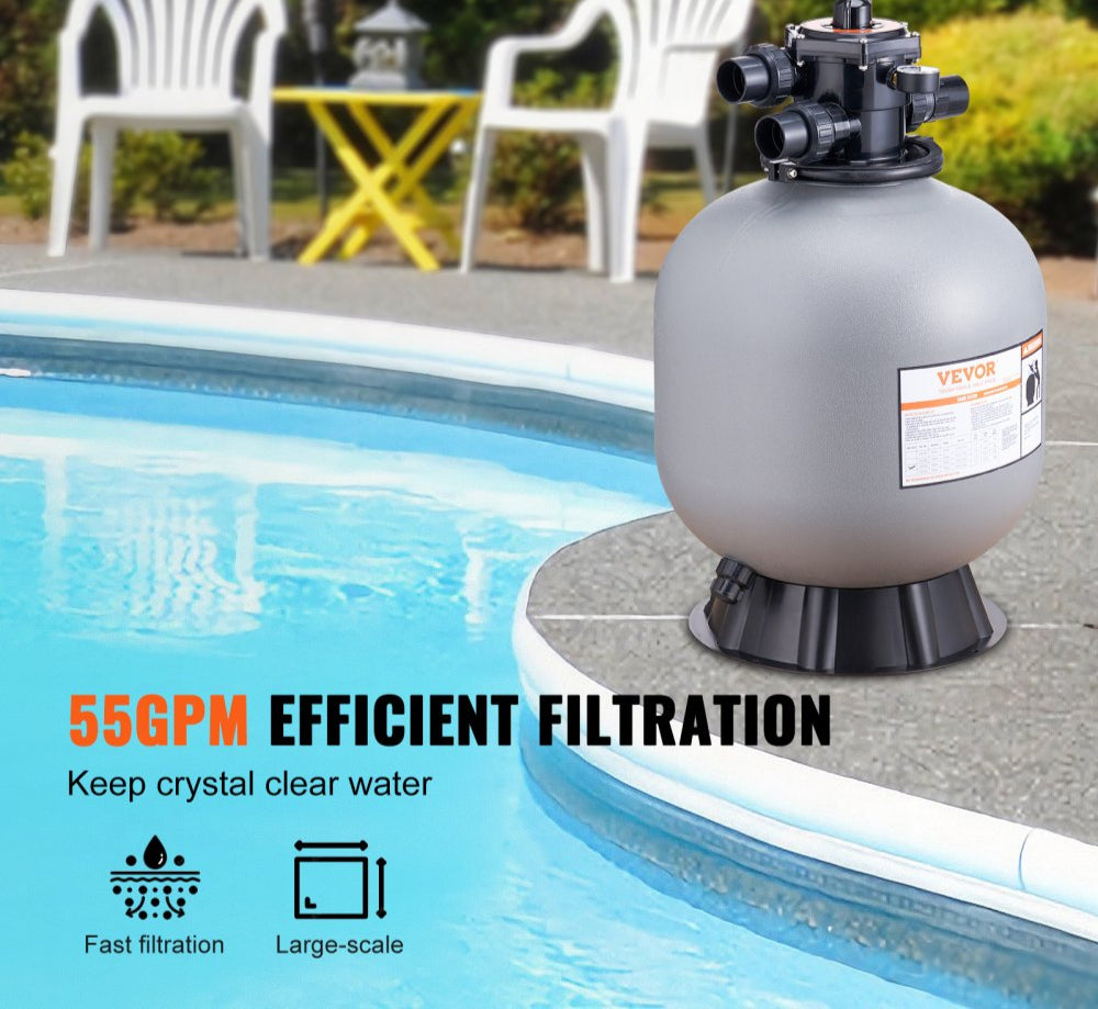 Sand Filter, 22-inch, Up to 55 GPM Flow Rate, Above Inground Swimming Pool Sand Filter System with 7-Way Multi-Port Valve, Filter, Backwash, Rinse, Recirculate, Waste, Winter, Closed Functions