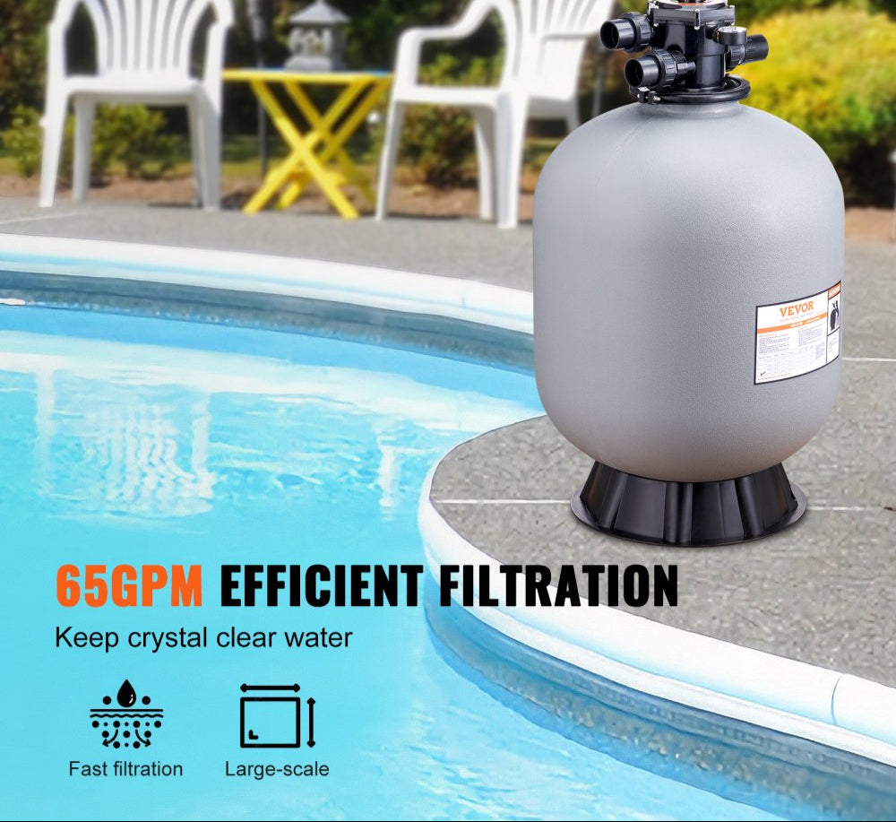 Sand Filter, 24-inch, Up to 65 GPM Flow Rate, Above Inground Swimming Pool Sand Filter System with 7-Way Multi-Port Valve, Filter, Backwash, Rinse, Recirculate, Waste, Winter, Closed Functions