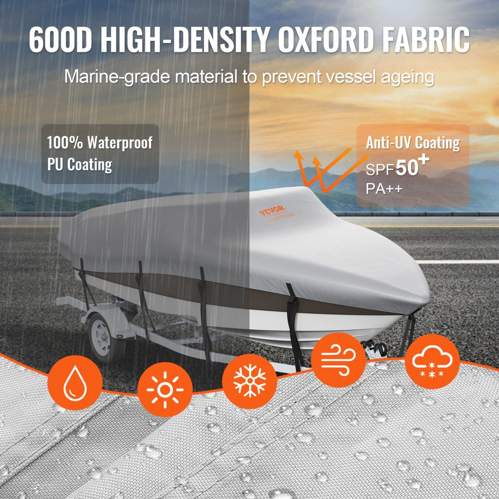 Boat Cover, 16`-18.5` Trailerable Waterproof Boat Cover, 600D Marine Grade PU Oxford, with Motor Cover and Buckle Straps, for V-Hull, Tri-Hull, Fish Ski Boat, Runabout, Bass Boat, Grey