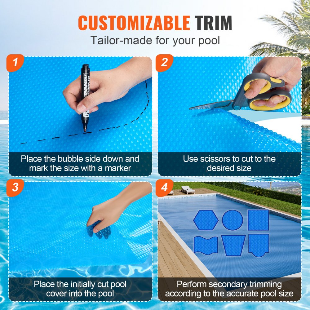 32 x 16 ft Rectangular Solar Pool Cover for Swimming Pool, Above Ground Pool Solar Cover, 16 mil Blue