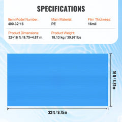 32 x 16 ft Rectangular Solar Pool Cover for Swimming Pool, Above Ground Pool Solar Cover, 16 mil Blue