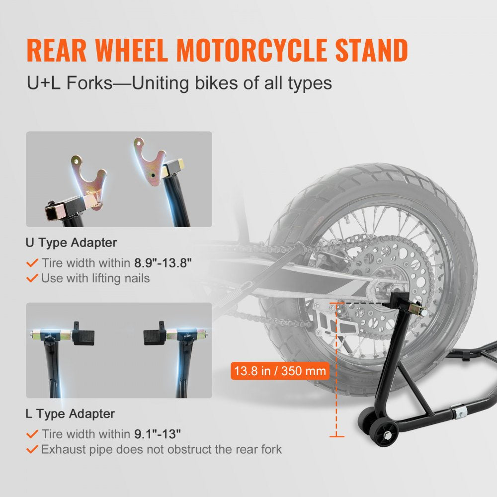 Motorcycle Stand Lift, 850lbs Front Rear Combo Stand Lift Stand, Front and Rear Wheel Fork Stand, U+L Fork Swingarm Spool, Compatible with Most Yamaha Honda Kawasaki Suzuki Motorcycles, Black
