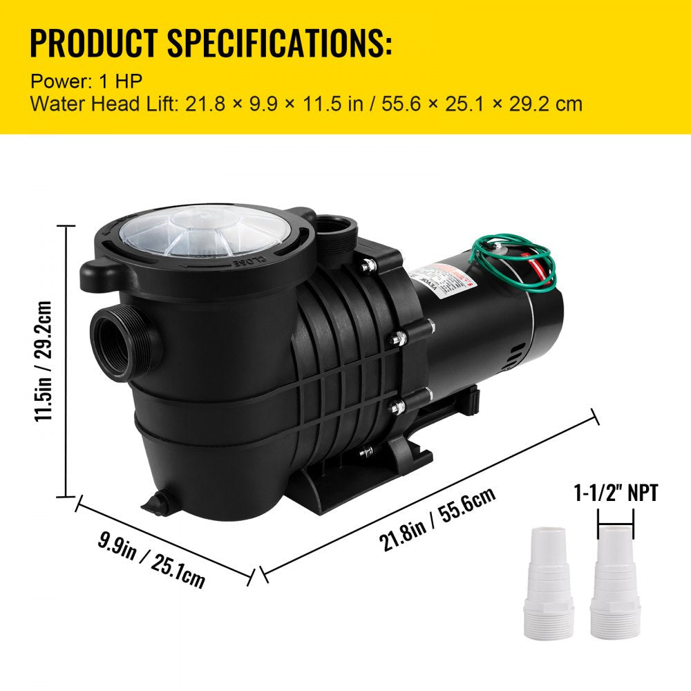 Swimming Pool Pump 1HP, Dual Voltage 110V 220V, 5544GPH, Powerful Pump for Above Ground Pool Water Circulation, with Strainer Basket, 2pcs 1-1/2'' NPT Connectors Tested to UL Standards