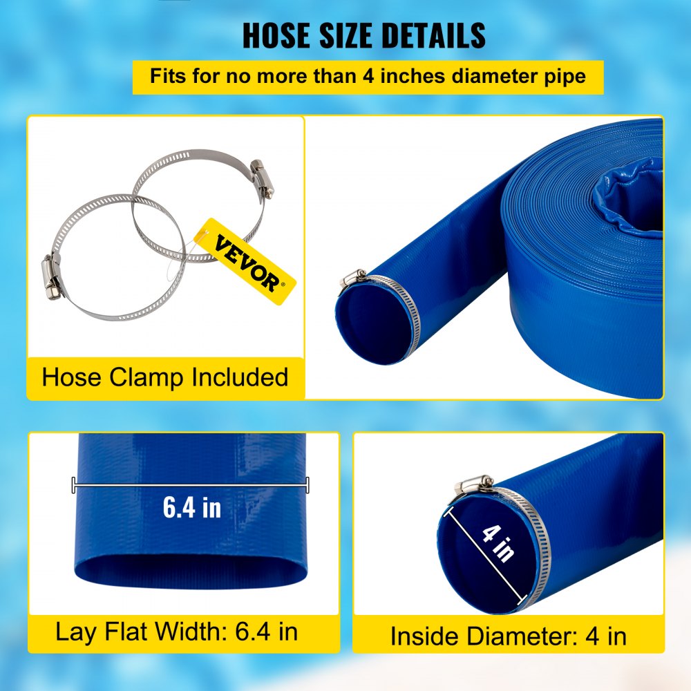 Discharge Hose, 4" x 105', PVC Lay Flat Hose, Heavy Duty Backwash Drain Hose with Clamps, Weather-proof & Burst-proof, Ideal for Swimming Pool & Water Transfer, Blue