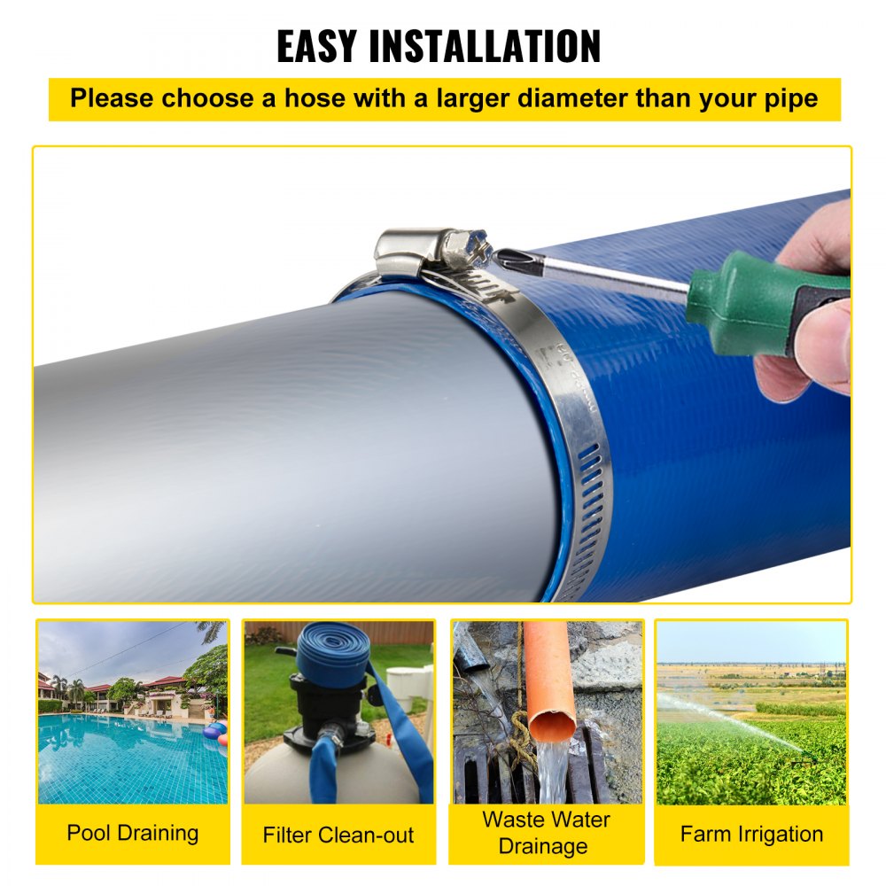 Discharge Hose, 4" x 105', PVC Lay Flat Hose, Heavy Duty Backwash Drain Hose with Clamps, Weather-proof & Burst-proof, Ideal for Swimming Pool & Water Transfer, Blue