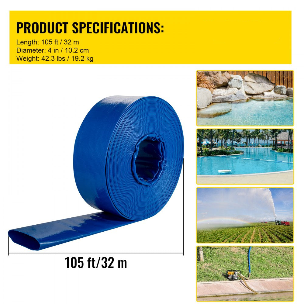 Discharge Hose, 4" x 105', PVC Lay Flat Hose, Heavy Duty Backwash Drain Hose with Clamps, Weather-proof & Burst-proof, Ideal for Swimming Pool & Water Transfer, Blue