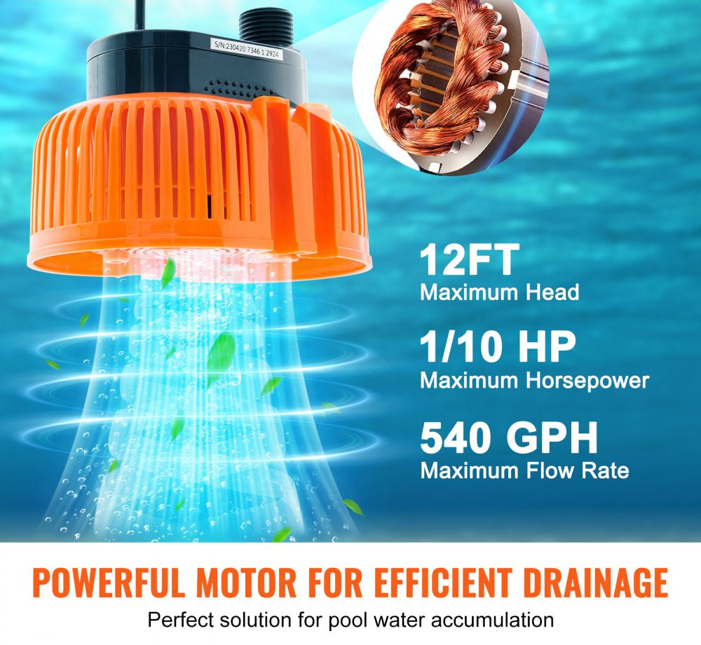 Automatic Pool Cover Pump, 1/10 HP 75W 540 GPH, 120V Submersible Swimming Pool Cover Pump, Water Removal Pump with 3 Hose Adapters 16 ft Drainage Hose & 25 ft Power Cord, for Pool Draining
