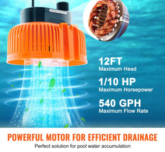 Automatic Pool Cover Pump, 1/10 HP 75W 540 GPH, 120V Submersible Swimming Pool Cover Pump, Water Removal Pump with 3 Hose Adapters 16 ft Drainage Hose & 25 ft Power Cord, for Pool Draining