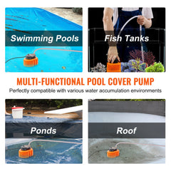 Automatic Pool Cover Pump, 1/10 HP 75W 540 GPH, 120V Submersible Swimming Pool Cover Pump, Water Removal Pump with 3 Hose Adapters 16 ft Drainage Hose & 25 ft Power Cord, for Pool Draining