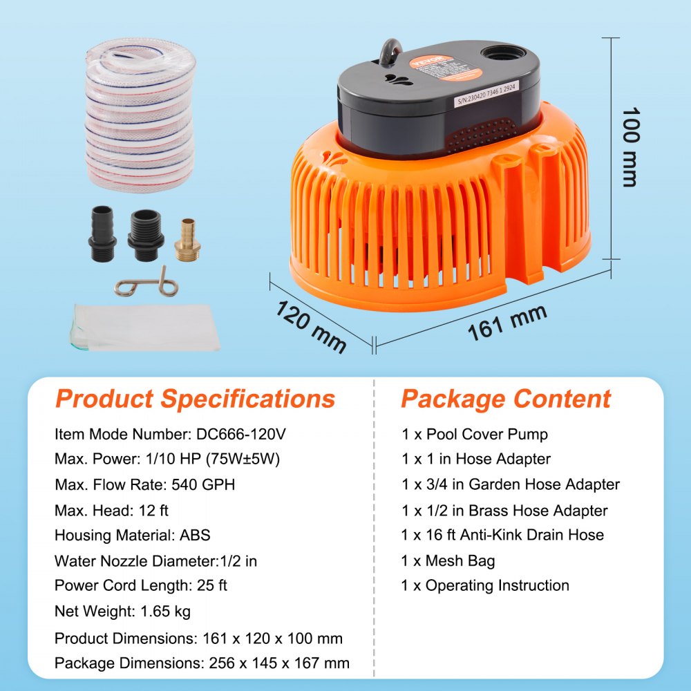 Automatic Pool Cover Pump, 1/10 HP 75W 540 GPH, 120V Submersible Swimming Pool Cover Pump, Water Removal Pump with 3 Hose Adapters 16 ft Drainage Hose & 25 ft Power Cord, for Pool Draining